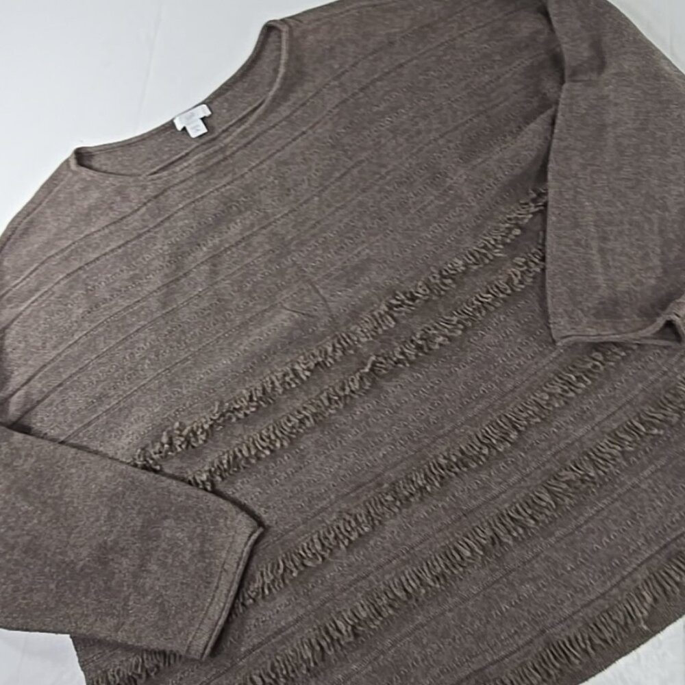 J. JILL Sweater WOMENS SIZE PETITE XL Brown Mocha Heather Faye Fringed Boat Neck